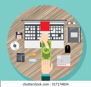 Flat design vector illustration of online banking. Human hands and money in the computer monitor