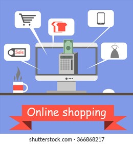 Flat design vector illustration of online shopping process.