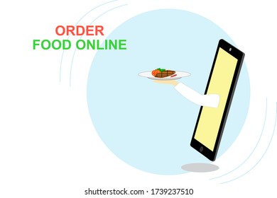 Flat design vector illustration for order food online on blue background. Food delivery service concept.