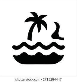 Ilustración vectorial de diseño plano de una palmera y una luna creciente en olas onduladas del océano, escalable para logotipos, impresiones y uso digital.