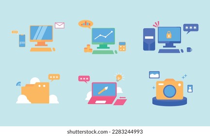 Flat design vector illustration part of modern office, dekstop, acconting, media, cyber security and camera