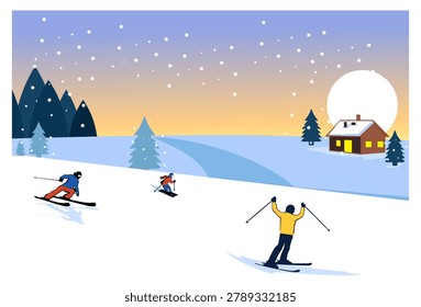 Flat design vector illustration of people skiing down a snowy mountain slope at sunset near a cozy wooden cabin. Features a beautiful winter landscape with a large white sun, pine trees, and heavy falling snowflakes. Perfect for winter sports banners, alpine travel promotions, and holiday posters.