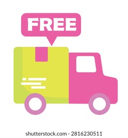 Flat design vector illustration of a pink and yellow delivery truck with a speech balloon saying free on it, suitable for online shopping logistics concept.