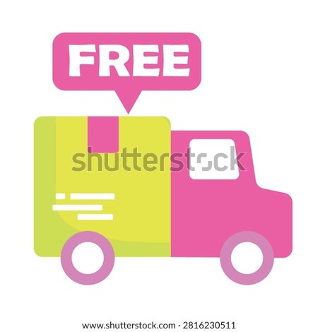 Flat design vector illustration of a pink and yellow delivery truck with a speech balloon saying free on it, suitable for online shopping logistics concept.