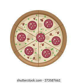 Flat design vector illustration of pizza icon with mushrooms and salami isolated on white background
