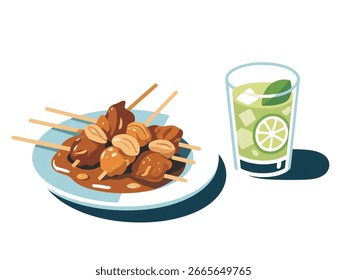"Flat design vector illustration of a plate with Indonesian chicken satay and peanut sauce, accompanied by a glass of iced lime tea, clean lines, vibrant colors, isolated on a pure white background, 