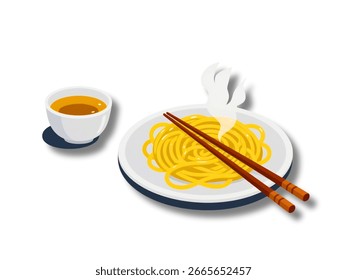 "Ilustración vectorial de diseño plano de un plato de fideos con palillos, acompañado de una taza de té, estilo mínimo, líneas limpias, colores vibrantes, aislado sobre fondo blanco puro sin adicional