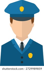 A flat design vector illustration of a police officer from the chest up, wearing a blue uniform, white shirt, black tie, and a blue cap with a gold badge. The design is minimalist and faceless, making it suitable for avatars, icons, or general law enforcement representations.