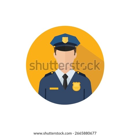 Flat Design Vector Illustration of Police Officer Avatar in Uniform with Cap and Badge, Law Enforcement Icon in Yellow Circle Background for Security and Safety Concept