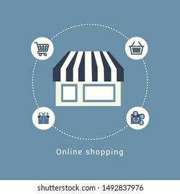 Flat design vector illustration poster concept with icons of buying product via online shop and e-commerce ideas symbol and shopping elements