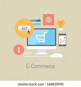 Flat design vector illustration poster concept with icons of buying product via online shop and e-commerce ideas symbol and shopping elements. Isolated on stylish colored background