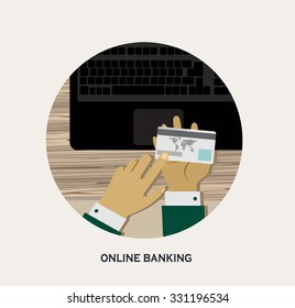 Flat design vector illustration poster concept with set of online banking web interface, financial service with credit card, top view. Flat design illustration