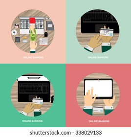 Flat design vector illustration poster concept with set of online banking web interface, financial service with credit card, top view. Flat design illustration