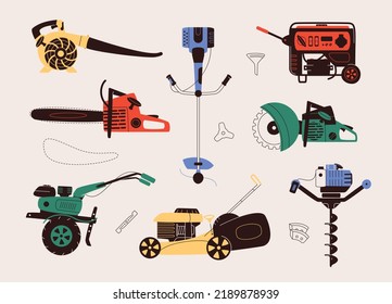 Flat design vector illustration of power petrol hand tools. Set includes icons of leaf blower, chainsaw, walk-behind tractor, brush cutter, lawn mower, gas portable generator, petrol saw, gas drill an