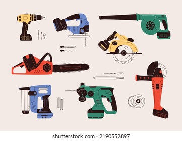 Flat Design Vector Illustration Of Power Cordless Hand Tools. Set Includes Icons Of Leaf Blower, Chainsaw, Jigsaw, Circular Saw, Hammer Drill, Angle Grinder, Stapler And Tooling.