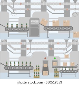 Flat design vector illustration production in the factory. Packing and shipping the goods. Inside the factory. A look at the produc.