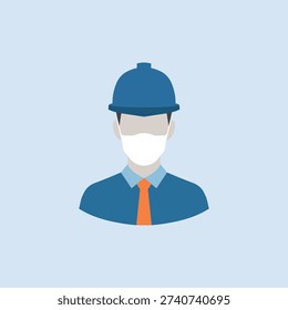 Flat design vector illustration of a professional worker wearing a blue hard hat, face mask, and orange tie, ideal for safety and business themes.