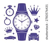 Flat design vector illustration of a purple wristwatch surrounded by luxury and royalty-themed icons including crowns, diamonds, stars, and cars.