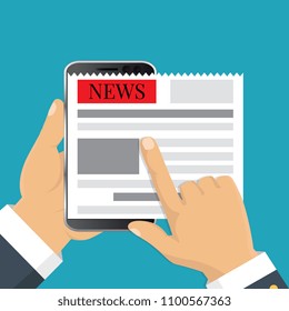 Flat design. Vector illustration. Reading news on screen of smartphone. Hand holding mobile phone with newspaper. 