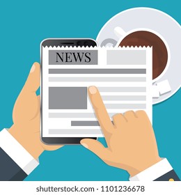 Flat design. Vector illustration. Reading news on screen of smartphone. Hand holding mobile phone with newspaper. 