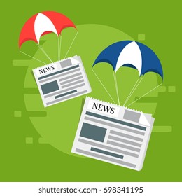 Flat design. Vector illustration. Reading news on screen of smartphone. Hand holding mobile phone with newspaper. 