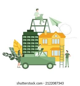 flat design vector illustration of real estate development projects concept, customer deadline, people and modern house, modular smart home vector