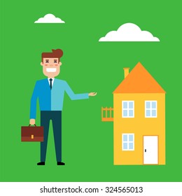 Flat design vector illustration real estate concept. Seller holds the portfolio and offers to buy or rent housing. The real estate market, supply and demand