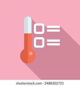 Flat design vector illustration of a red thermometer icon with shadow, indicating temperature on a pink background