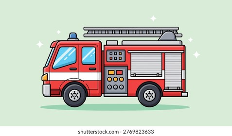 Flat design vector illustration of a red fire engine with a ladder and emergency lights on a light green background