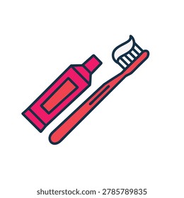 A flat design vector illustration of a red toothbrush and a matching red toothpaste tube on a white background