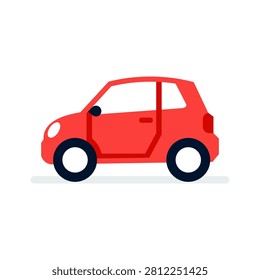 Flat design vector illustration of a red mini hatchback or microcar from the side profile. Compact city car icon isolated on white background.