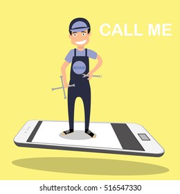 flat design vector illustration Repair Man standing on smartphone. app service call.