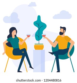 Flat design vector illustration of romantic date. Man and woman sitting it the restaurant drinking wine.