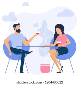 Flat design vector illustration of romantic date. Man and woman sitting it the restaurant drinking wine.