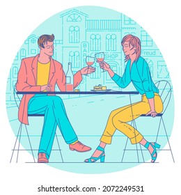 Flaches design, Vektorgrafik von romantischem Datum. Mann und Frau saßen es im Restaurant und trinken Wein.