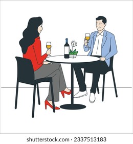 Flat design vector illustration of romantic date. Man and woman sitting it the restaurant drinking wine. young man and woman sitting it the restaurant terrace drinking wine. street cafe. 2181