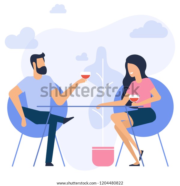 ロマンチックなデートのフラットなデザインベクターイラスト 男女が座って酒を飲む のベクター画像素材 ロイヤリティフリー