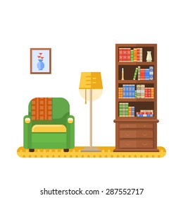 Flat design vector illustration of room interior with bookcase, armchair and lamp.  Living room or cabinet. 