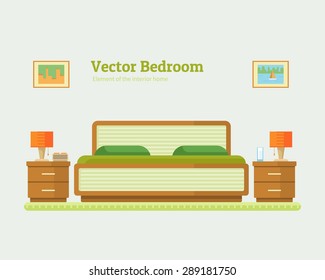 Flat design vector illustration of room interior with bed, nightstands and lamp. Element of the interior bedroom