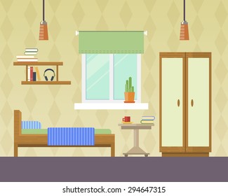 Flat design vector illustration of room interior with bed, wardrobe, window and lamp. Interior room of teenager boy or girl
