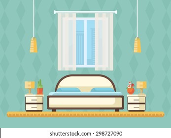 Flat design vector illustration of room interior with bed, nightstands, window and lamp. Element of the interior bedroom