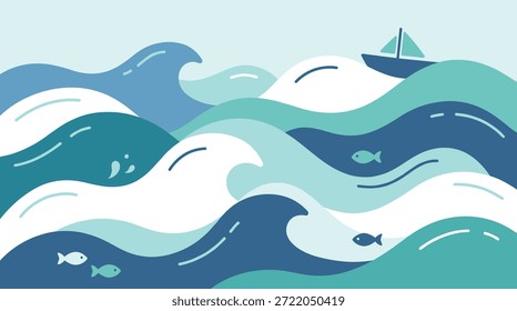 Ilustração vetorial de design plano de um veleiro navegando através de ondas oceânicas estilizadas e coloridas com peixes nadando abaixo.