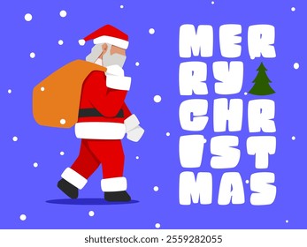 Flat design vector illustration of Santa Claus walking in snowy winter background with Merry Christmas typography and Christmas tree element. Perfect for holiday greeting cards, banners, and festive d