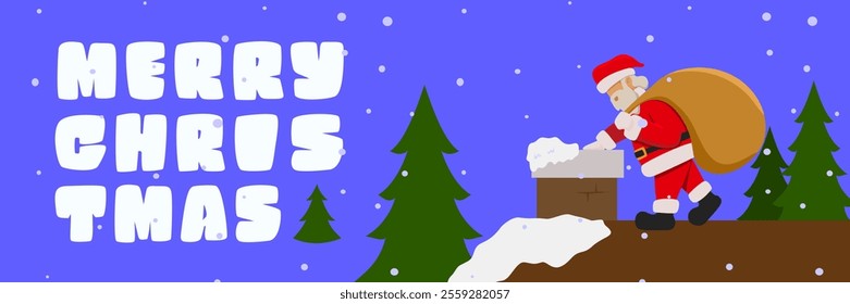 Flat design vector illustration of Santa Claus walking in snowy winter background with Merry Christmas typography and Christmas tree element. Perfect for holiday greeting cards, banners, and festive d