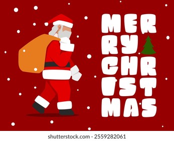Flat design vector illustration of Santa Claus walking in snowy winter background with Merry Christmas typography and Christmas tree element. Perfect for holiday greeting cards, banners, and festive d