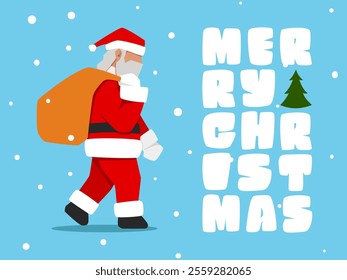 Flat design vector illustration of Santa Claus walking in snowy winter background with Merry Christmas typography and Christmas tree element. Perfect for holiday greeting cards, banners, and festive d