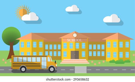 Flat design vector illustration of school building and parked school bus in flat design style, vector illustration.