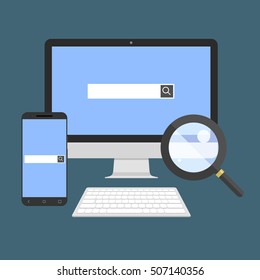 Flat design vector illustration of search and analyzing information. PC and mobile device