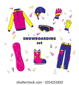 Flat design vector illustration set of snowboard equipment icon . Winter sports. Outfit, clothing, accessories for skiing, snowboarding. Holidays in mountains, active lifestyle. Isolated on white.