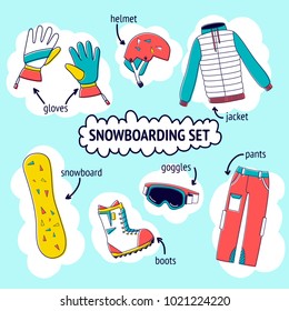 Flat design vector illustration set of snowboard equipment icon . Winter sports. Outfit, clothing, accessories for skiing, snowboarding. Holidays in mountains, active lifestyle. Isolated on blue.